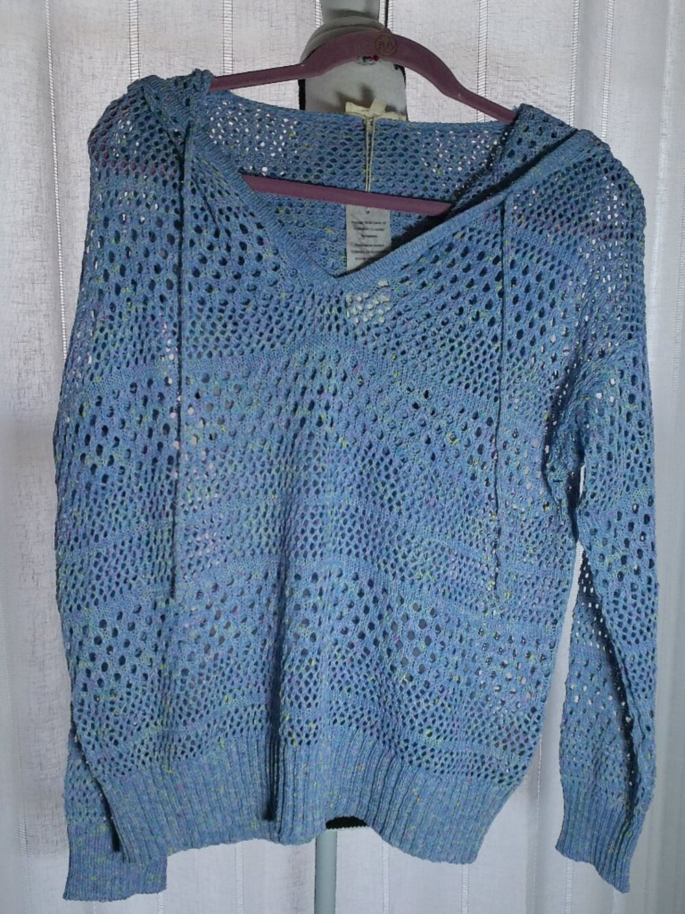 MYSTREE (Boutique) Sweater Hooded V-Neck Open Knit Light Blue NWT M